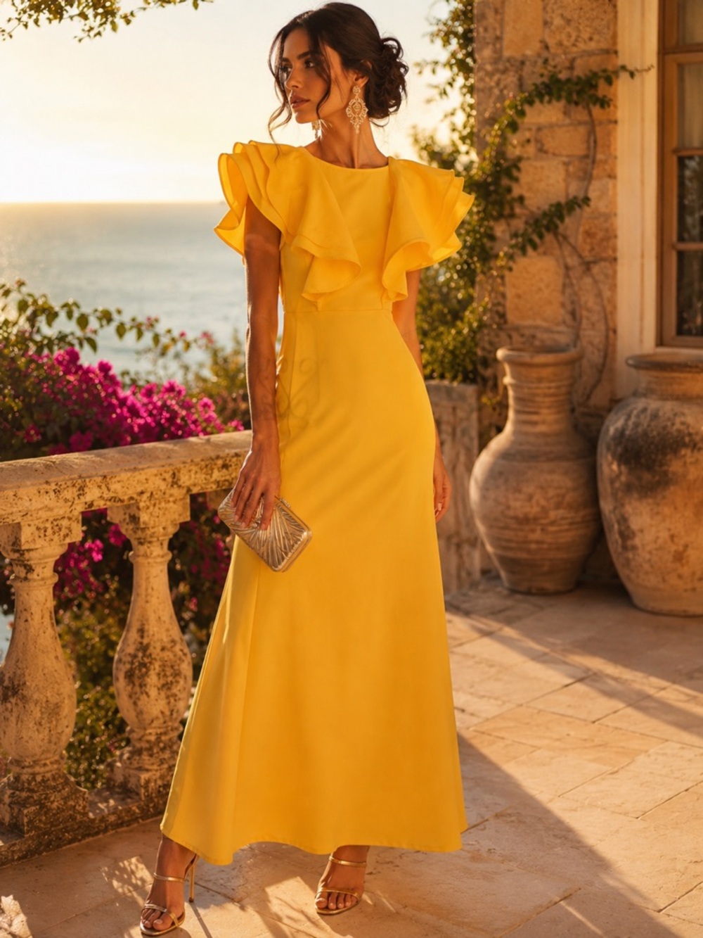 NWT Club L London Yellow Ruffle Sleeve Maxi Dress Fits XS/S